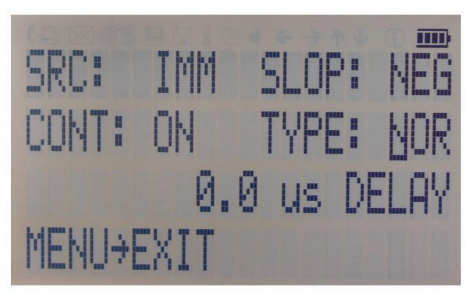 Trigger screen showing source, slope, continuous and delay settings
