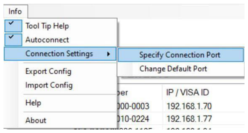Info menu showing Connection Settings submenu with Specify Connection Port and Change Default Port options