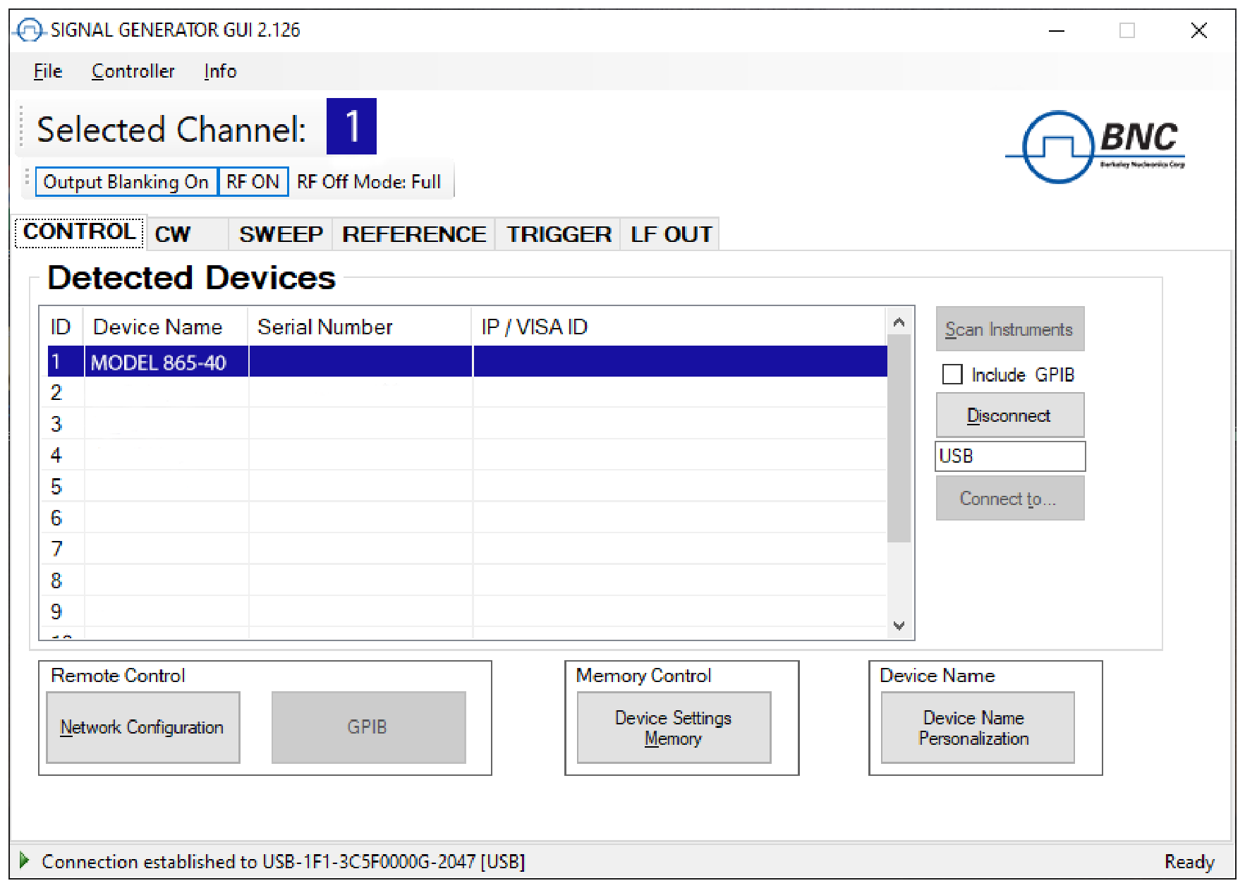 Signal Generator GUI CONTROL tab showing detected devices list, scan instruments, remote control, memory control and device name panels