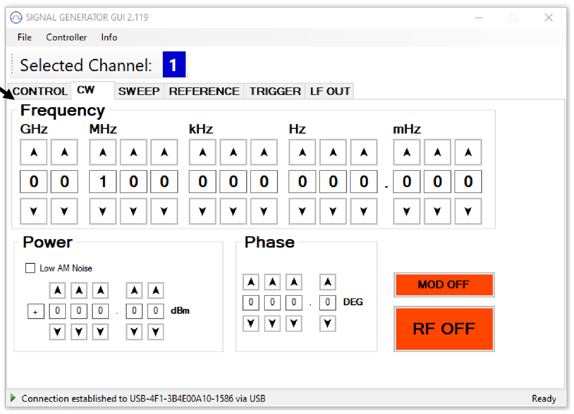 Signal Generator GUI CW tab with channel selection showing frequency, power, phase entry fields and MOD OFF / RF OFF controls