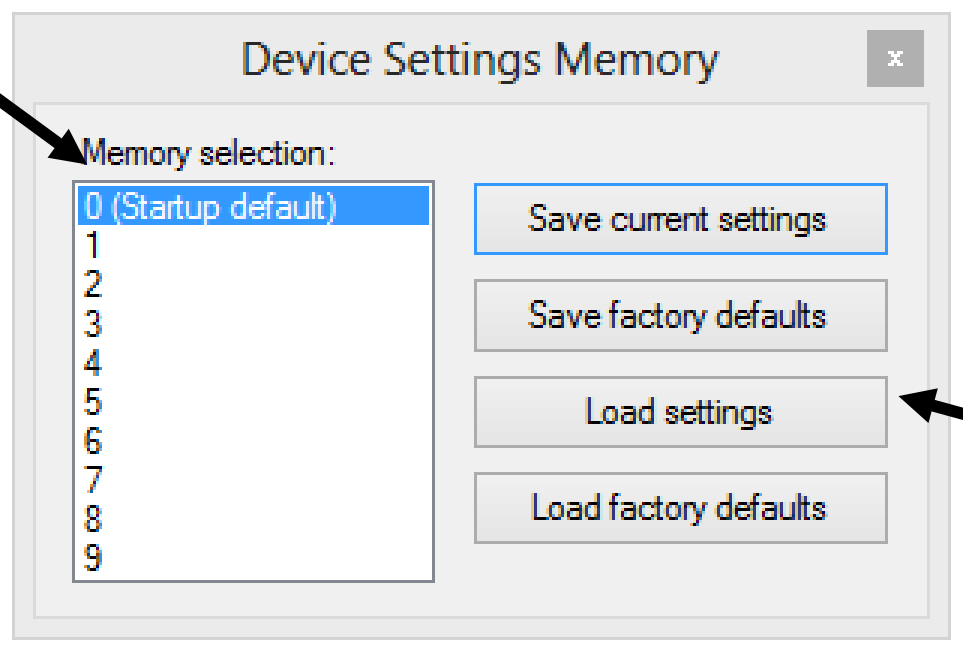 Device Settings Memory dialog with memory selection and save/load buttons