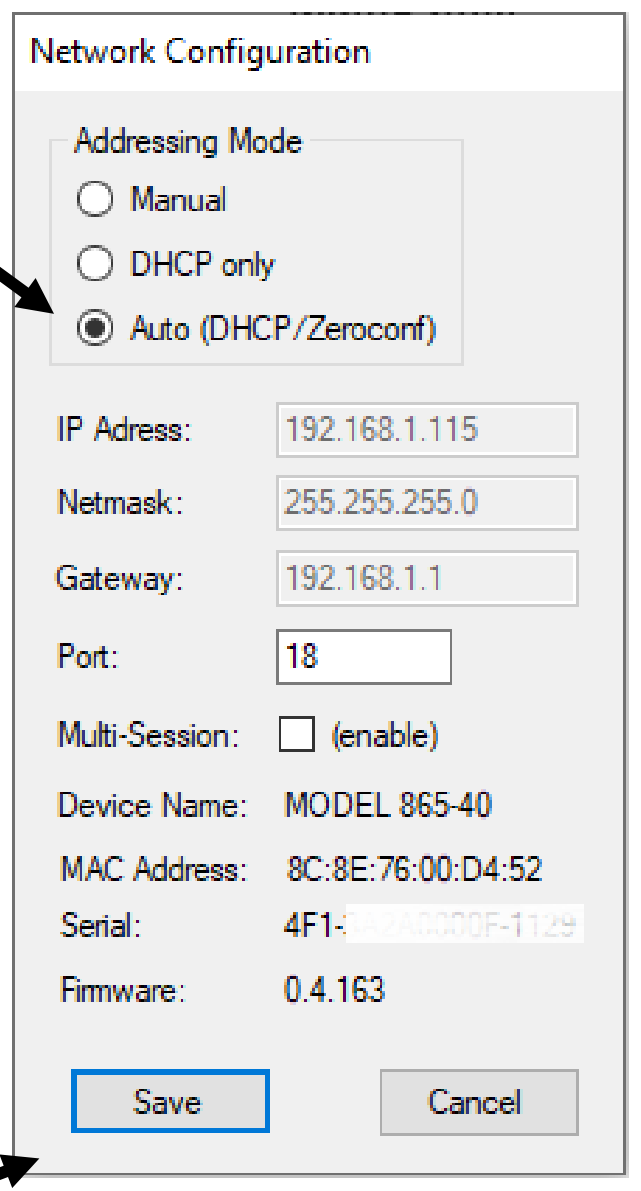 Network Configuration dialog with addressing mode, IP address, netmask, gateway, port, device name, MAC address, serial and firmware fields