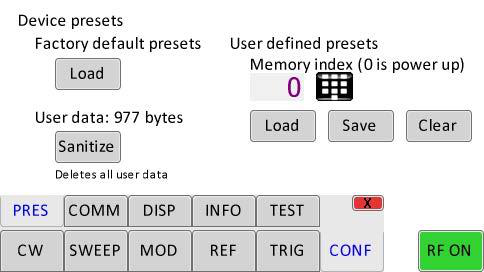 Model 875 Save/Recall/Preset menu