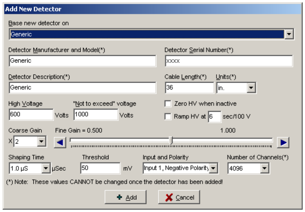 Add New Detector window with default generic data