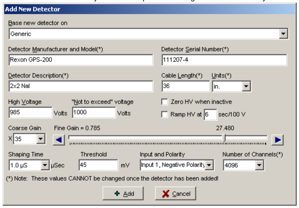 Add New Detector window with detector information entered