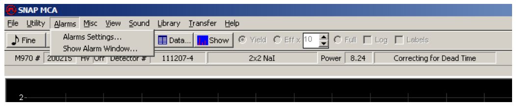 SNAP-MCA Alarms menu in the menu bar