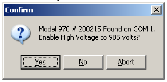 Confirm High Voltage dialog showing serial number and COM port