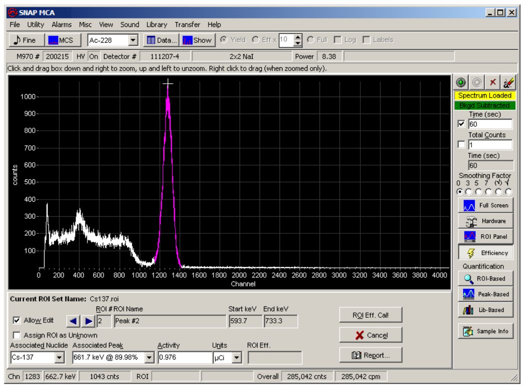 Efficiency Calibration Panel during a calibration