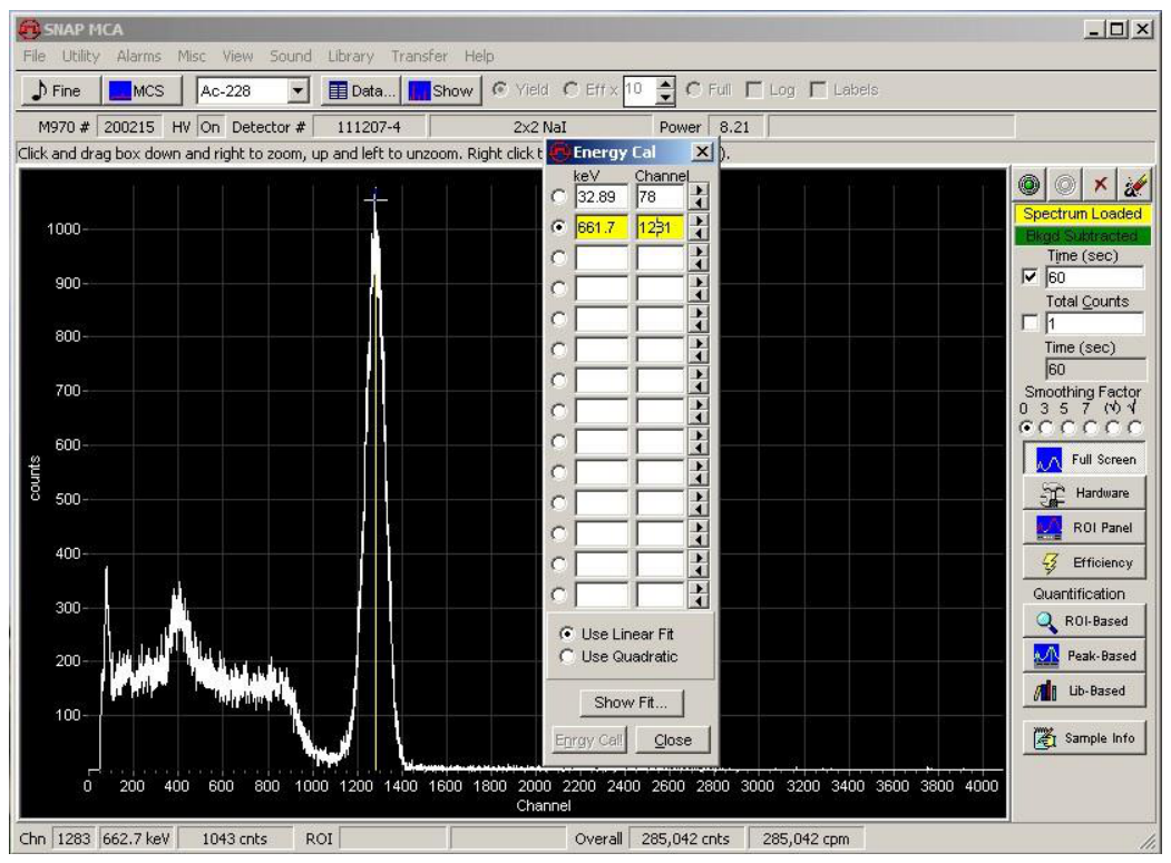 Energy Calibration window over a Cs-137 spectrum