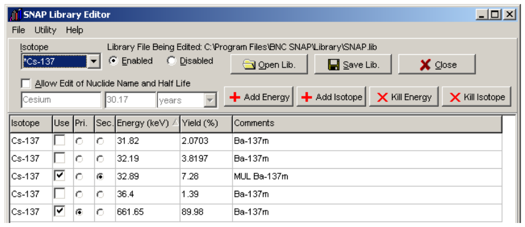 SNAP-MCA Library Editor with a library loaded for an isotope