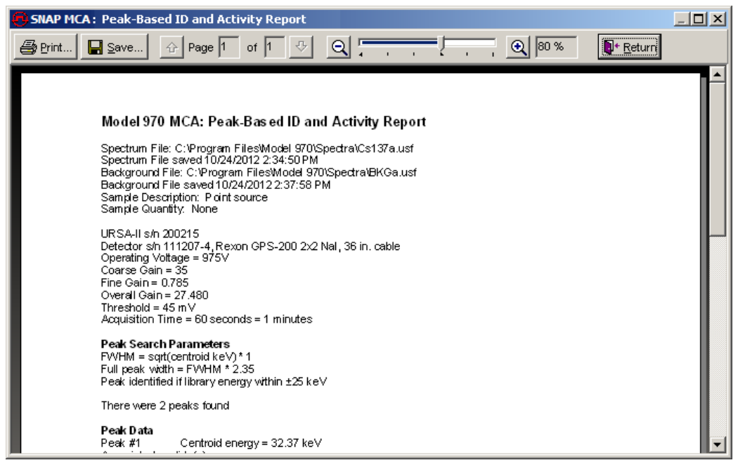 SNAP-MCA Print Preview / Report screen