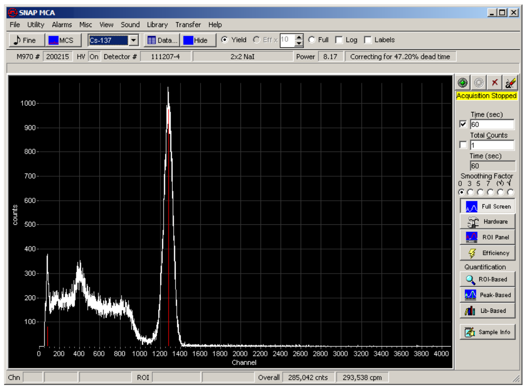 Spectrum display with library isotope marker lines shown