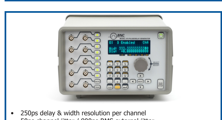 Figure 4. BNC Model 575 Digital Delay/Pulse Generator. 250ps delay and width resolution per channel; 50ps channel jitter / 800ps RMS external jitter; independent clock rates for each channel; dual inputs [Gate + Trig / 2 Trig]; programmable [Ethernet / USB / RS-232 / GPIB].