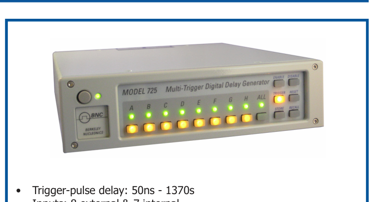 Figure 5. BNC Model 725 Multi-Trigger Delay Generator. Trigger-pulse delay: 50ns - 1370s; inputs: 8 external and 7 internal; outputs: 8 internal [to timing processors]; delay jitter from internal source: 200ps; external trigger duration: 50ns.
