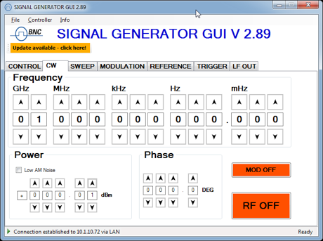 Screenshot of the Signal Generator GUI from Berkeley Nucleonics Corporation