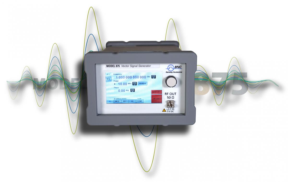 Multi-Channel Vector Signal Generator Model 875 shown against a waveform backdrop, displaying frequency, amplitude, and phase settings with a 50-ohm RF output.