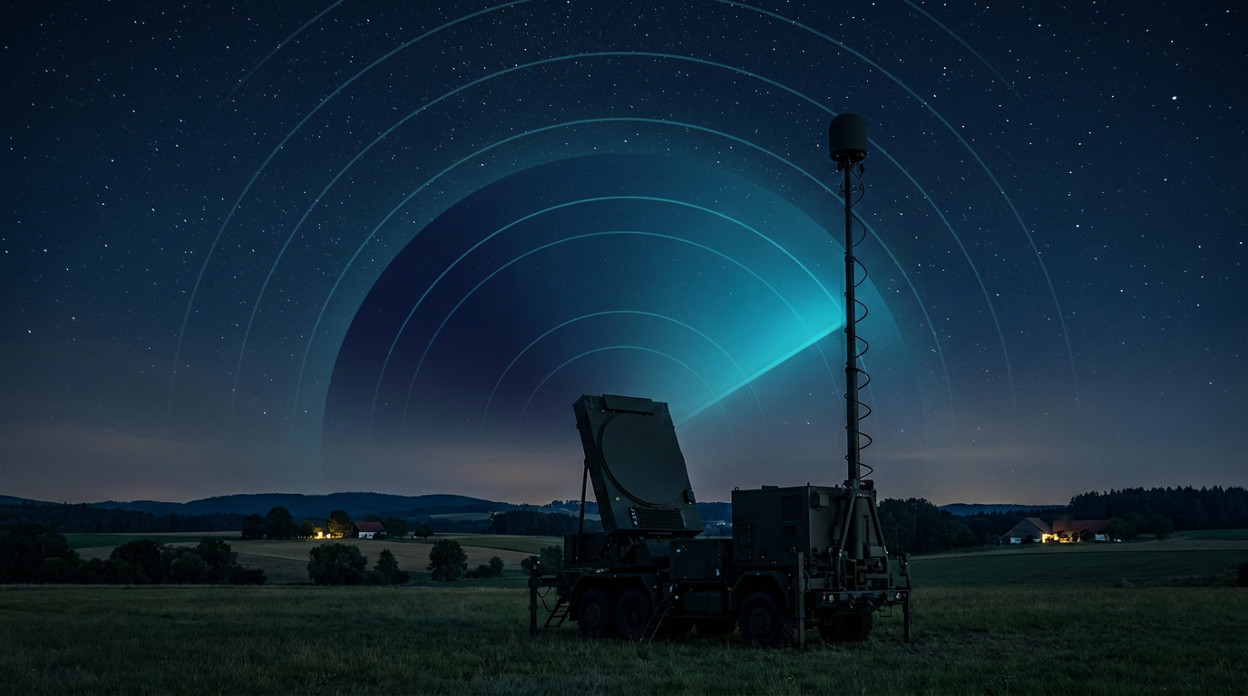 A mobile radar system deployed at night in a rural field: a truck-mounted planar radar antenna and a mast-mounted sensor, with concentric arcs and a beam sweeping outward over distant farmland and hills.