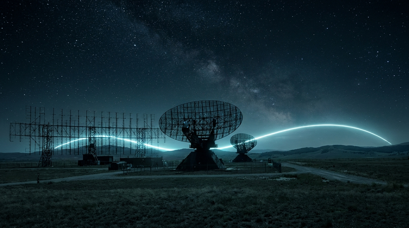 A satellite ground station at night: a large parabolic dish antenna, a smaller dish, and a long lattice antenna array on open grassland beneath the Milky Way, with a glowing arc tracing a signal path across the horizon.