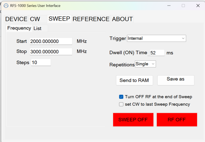 RFS-1000 Series User Interface SWEEP tab