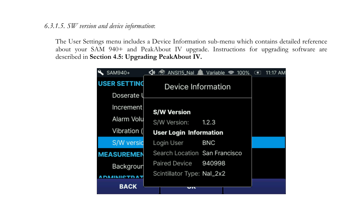 SW version and device information