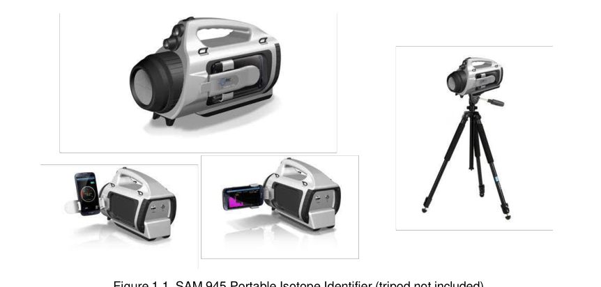 SAM 945 Portable Isotope Identifier shown standalone, on a tripod, and with smartphone attached