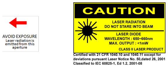 Laser aperture avoid-exposure label on the left and Class II laser caution and certification label on the right