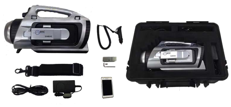 SAM 945 components: detector unit, chargers, cable, smartphone holder, shoulder strap, and carrying case