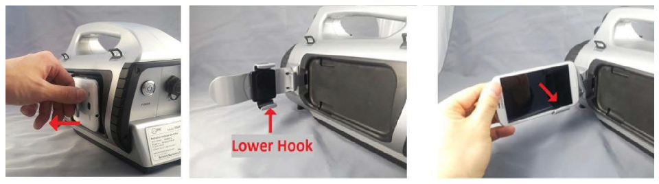 Three views of attaching the smartphone to the detector unit using the holder arm and hooks
