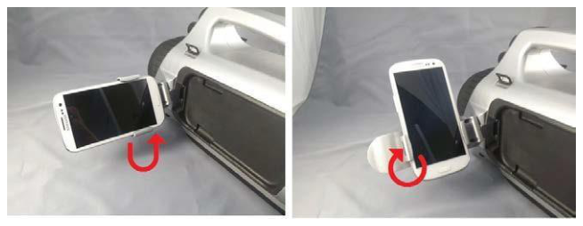 Smartphone holder tilted and rotated on the detector unit for optimal viewing