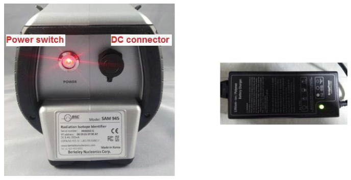 Rear view of the detector unit showing the power switch and DC connector, with the AC adapter/charger