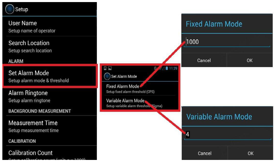 Alarm threshold configuration showing Fixed Alarm Mode set to 1000 and Variable Alarm Mode set to 4 sigma