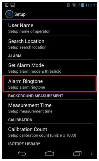 Setup menu with Alarm Ringtone highlighted