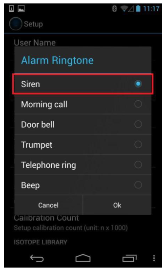 Alarm Ringtone selection list including Siren, Morning call, Door bell, Trumpet, Telephone ring, and Beep