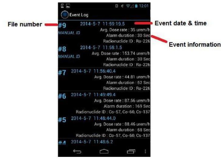 Event Log list showing event numbers, dates and times, and event information