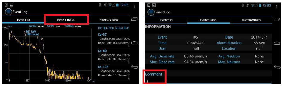 Navigating to the Comment field on the Event Info screen