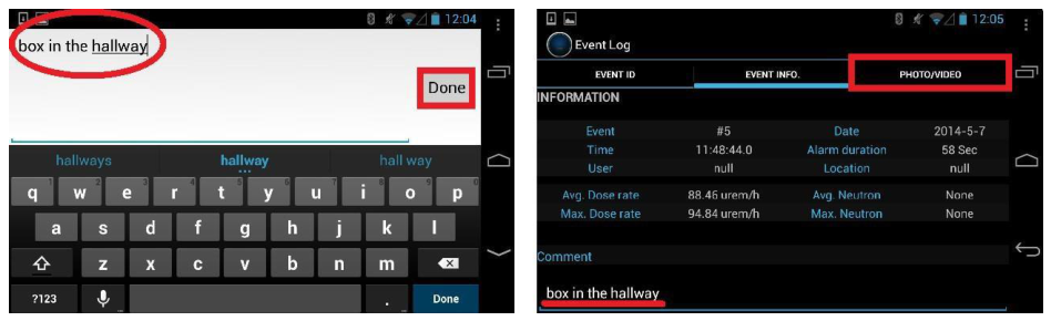 Attach Comment example with the on-screen keyboard and Done button
