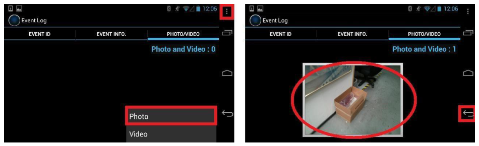 Attach Photo example showing the Photo/Video tab before and after a photo is captured