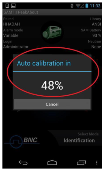 Auto Calibration screen showing progress at 48 percent with a Cancel button