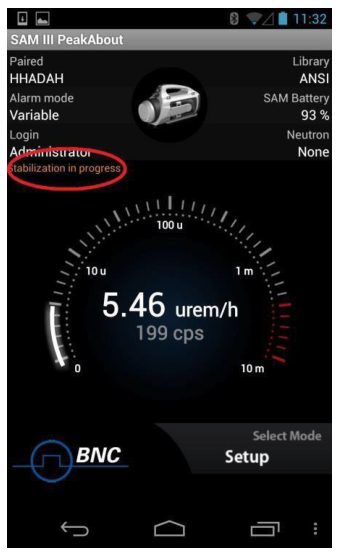 Home screen with the dose-rate gauge after Auto Stabilization