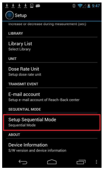 Setup menu with Setup Sequential Mode highlighted