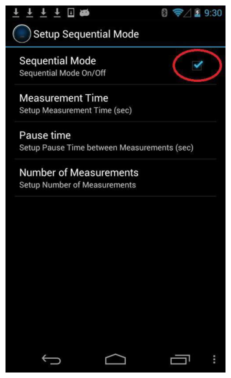 Sequential Mode settings screen with the enable checkbox, Measurement Time, Pause Time, and Number of Measurements