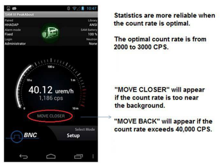 Home screen gauge showing the MOVE CLOSER message above the Select Mode area