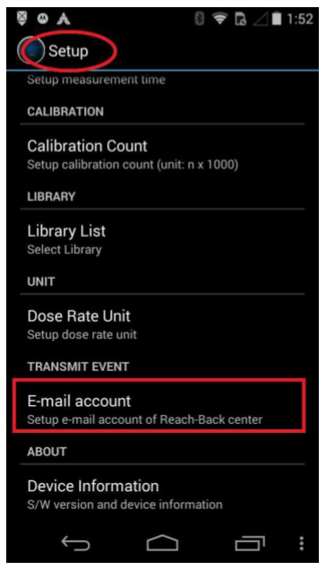 Setup menu with TRANSMIT EVENT and E-mail account highlighted