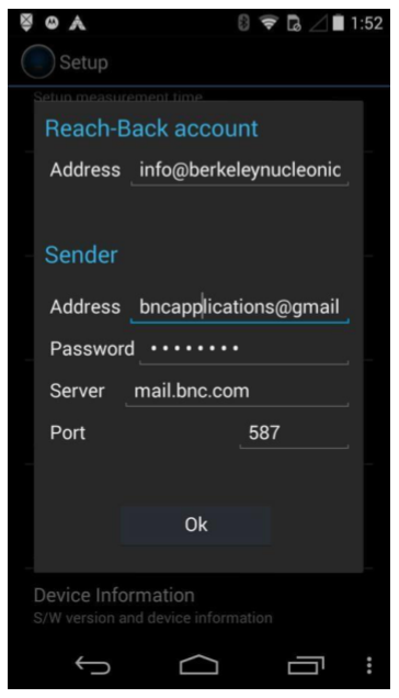 Reach-Back account and Sender email screen with Address, Password, Server, and Port fields