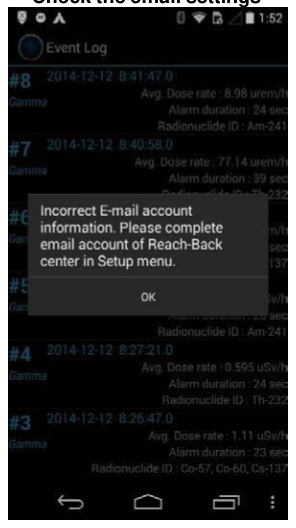 Incorrect email account information message prompting to check the email settings