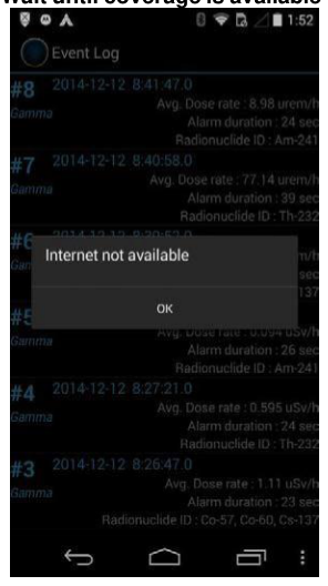 Internet not available message prompting to wait until coverage is available