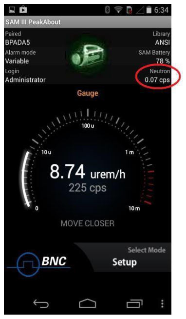 Home screen showing neutron activity in counts per second