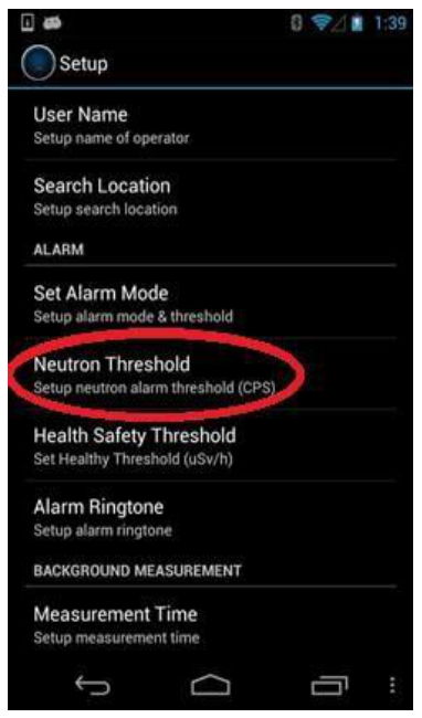 Setup menu with Neutron Threshold highlighted