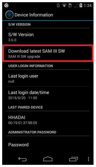 Device Information screen with Download latest SAM III SW highlighted