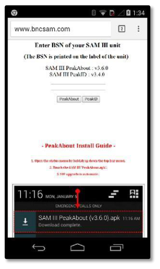 bncsam.com page to enter the BSN of the SAM III unit and the PeakAbout download button